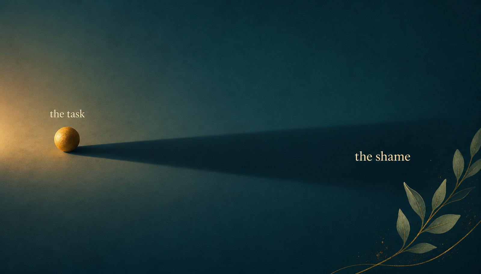Sunrise illustration showing a small warm object labeled the task, with a much longer soft shadow labeled the shame