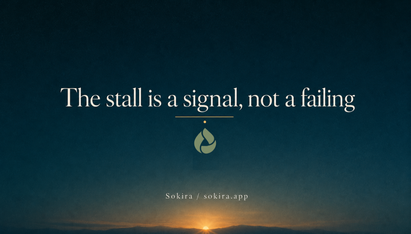 Teal sunrise graphic reading The stall is a signal, not a failing