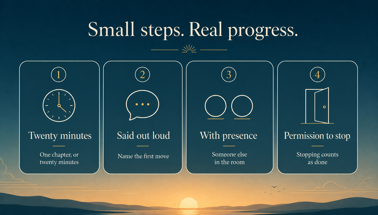 Sunrise palette panel showing four calm steps for one study session: twenty minutes, said out loud, with presence, and permission to stop