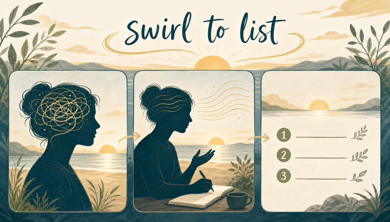 Warm sunrise infographic showing three panels: a person with tangled thoughts inside their head, then speaking or writing as the lines begin to straighten, then a short neat ordered list of three items
