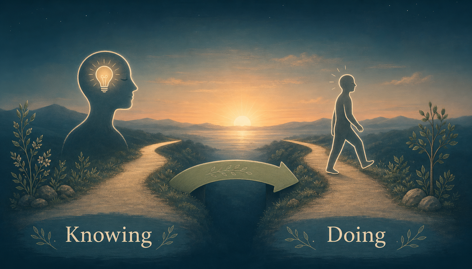 Warm sunrise infographic showing two separate paths, one labeled Knowing with a glowing idea and one labeled Doing with a figure taking a small step, connected by a sage bridge
