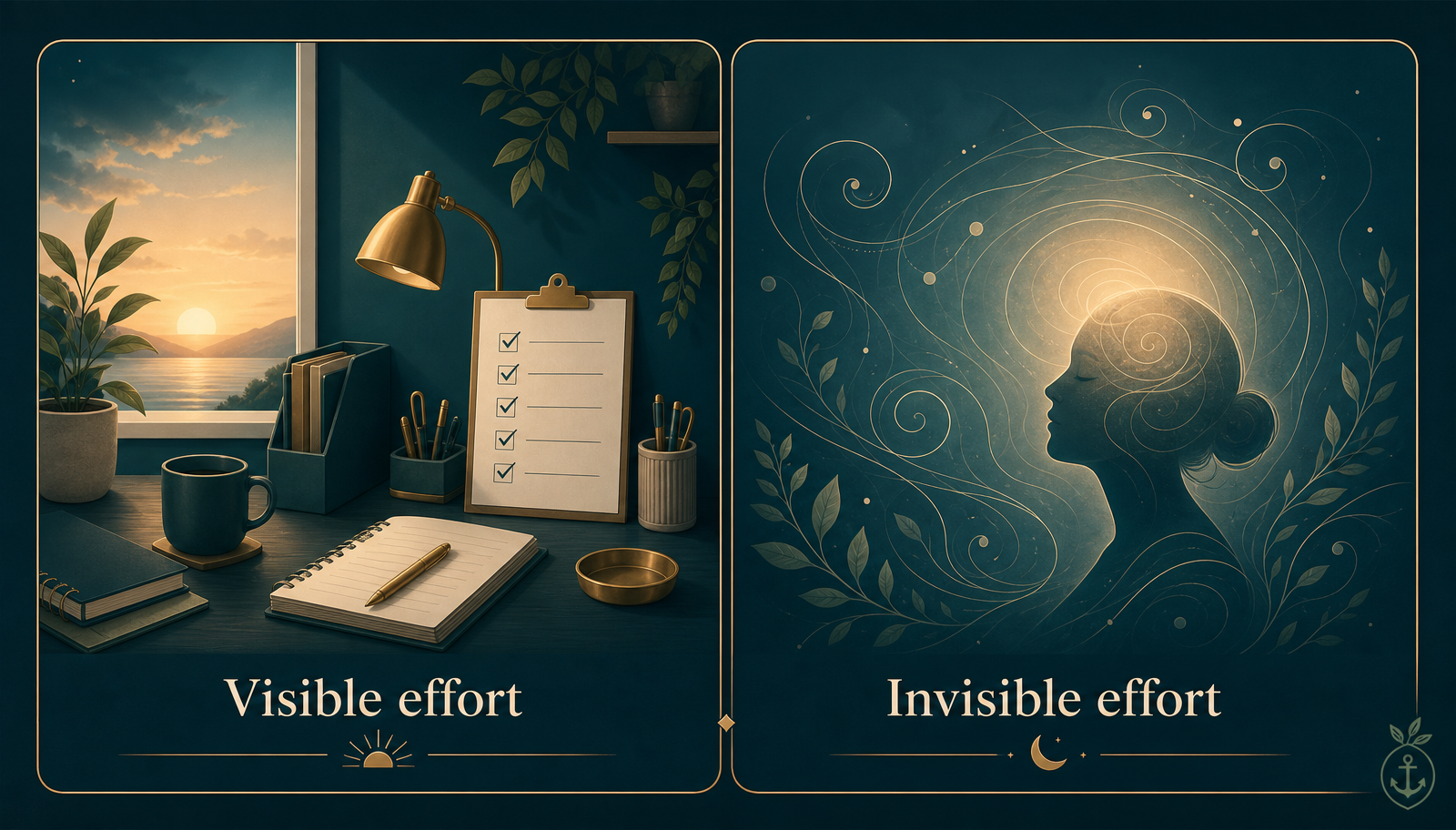 Sunrise infographic with two panels: Visible effort showing a tidy desk and checklist, and Invisible effort showing a soft silhouette surrounded by swirling thought lines