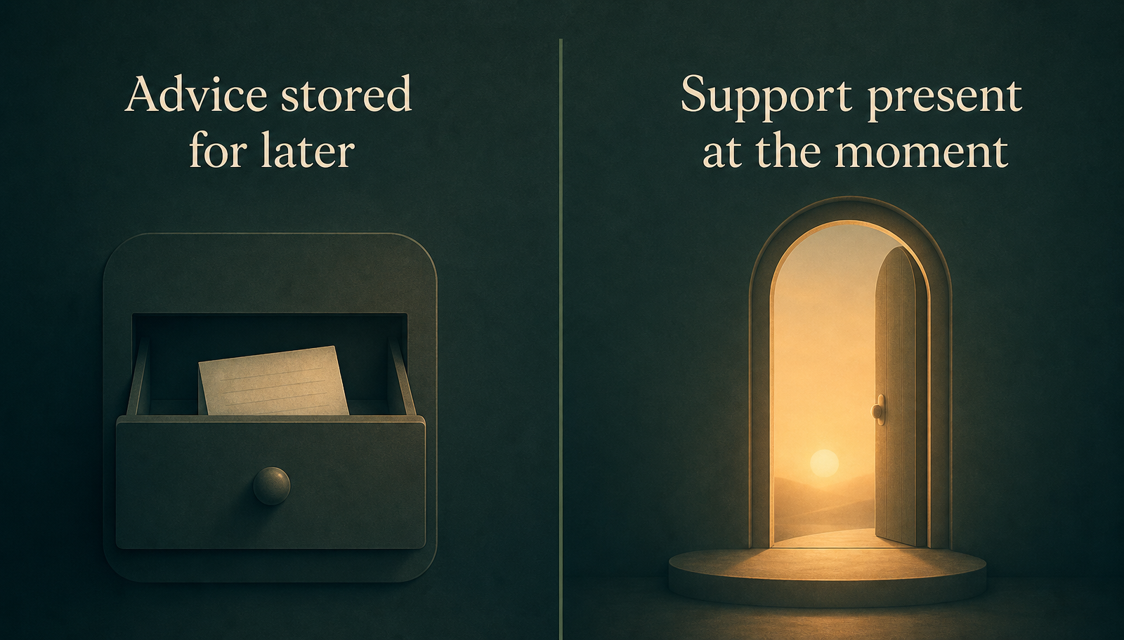Two column sunrise panel: on the left, advice stored for later shown as a dim drawer with a folded note; on the right, support present at the moment shown as a warmly lit open doorway