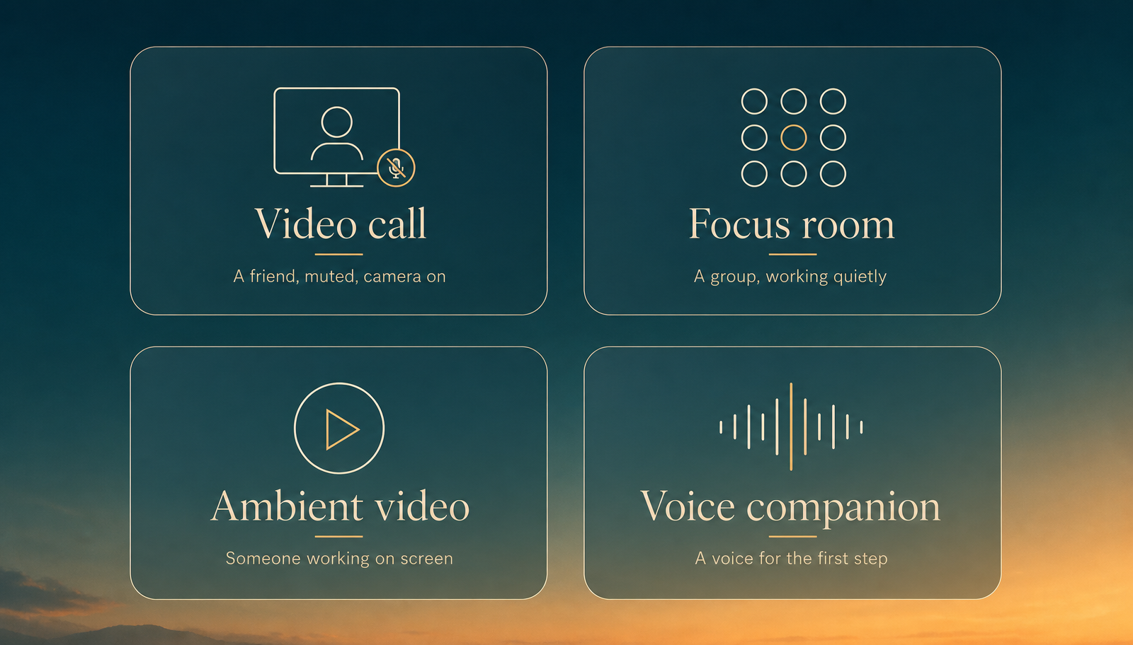 Sunrise palette panel showing four calm tiles for the four virtual body doubling formats: video call, focus room, ambient video, and voice companion, each with a one-line description