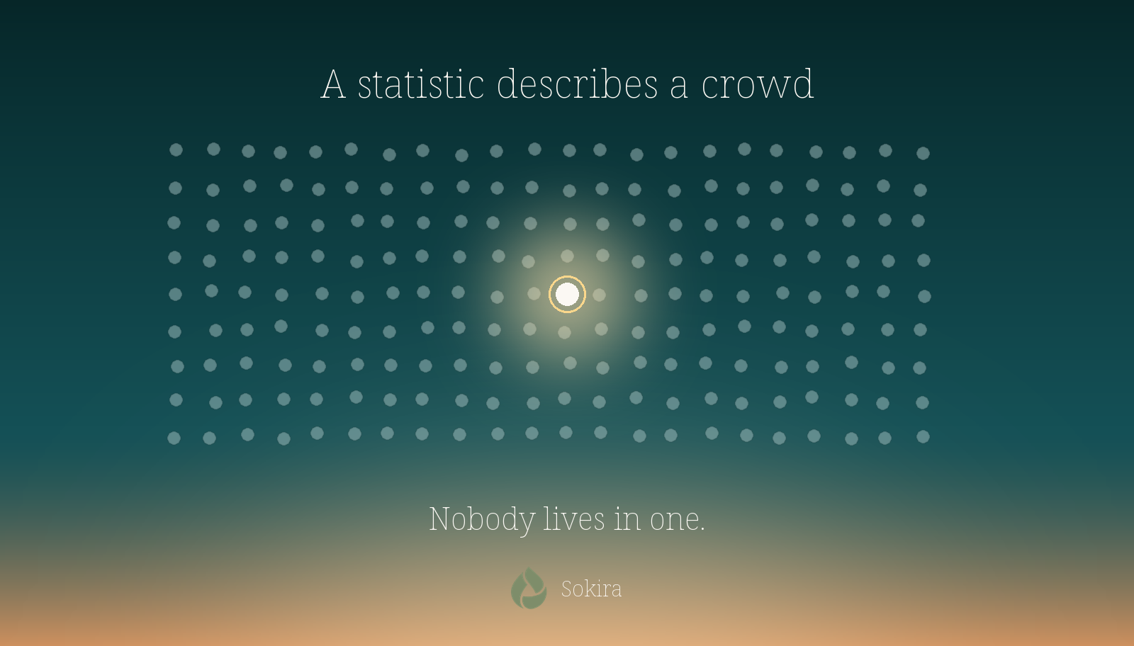 Sunrise palette panel showing a soft field of small dots representing a crowd, with one dot warmly lit and circled in gold, under the line a statistic describes a crowd, nobody lives in one