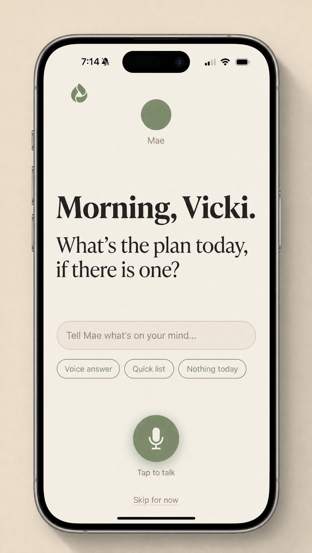 The Sokira app showing a friendly morning greeting, today's single anchor task, and a voice button to talk to your companion.
