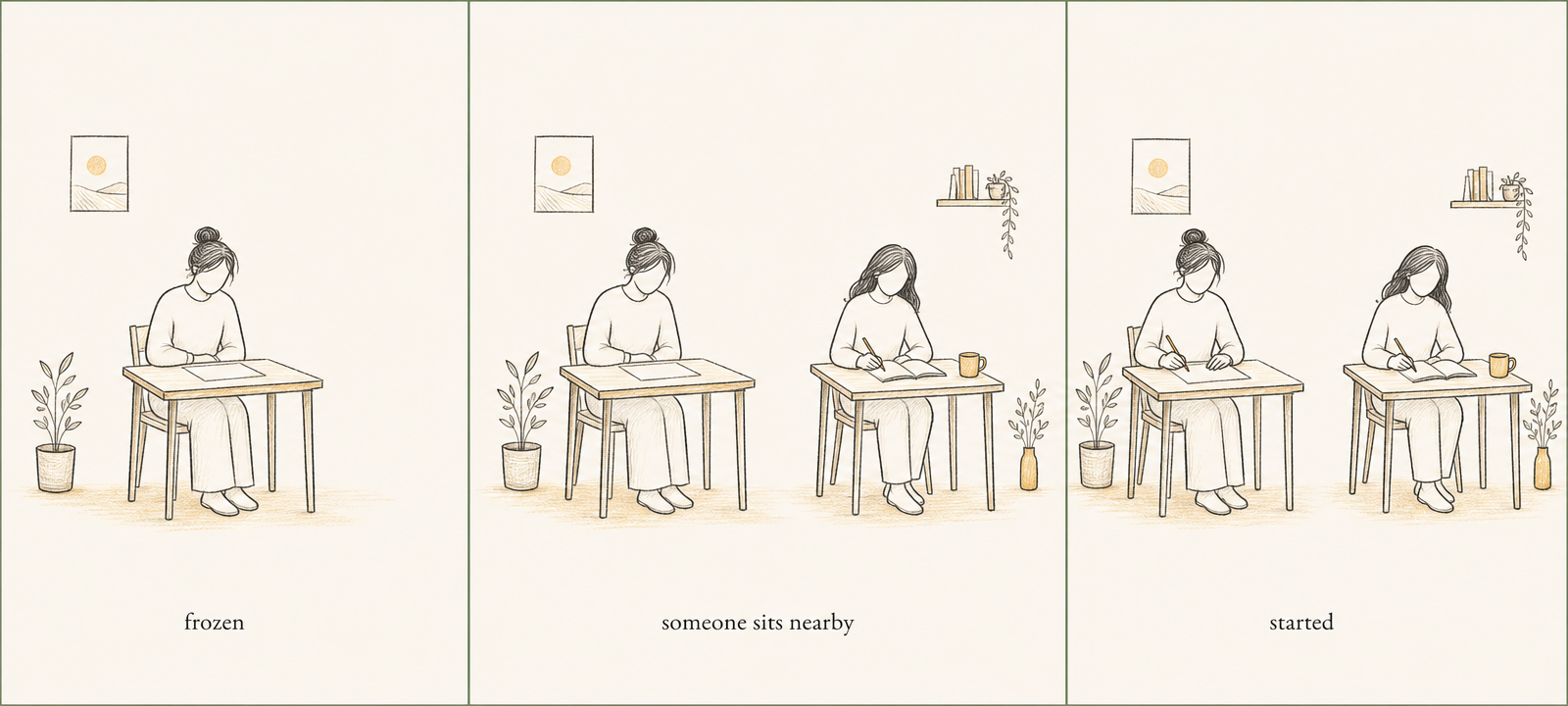 Three calm panels on a warm sand background. Panel one, labelled frozen, shows a person sitting alone at a small desk with a blank page. Panel two, labelled someone sits nearby, shows the same person at their desk with a second person quietly working in parallel at a nearby table. Panel three, labelled started, shows the first person now working on the page while the second person is still calmly present.