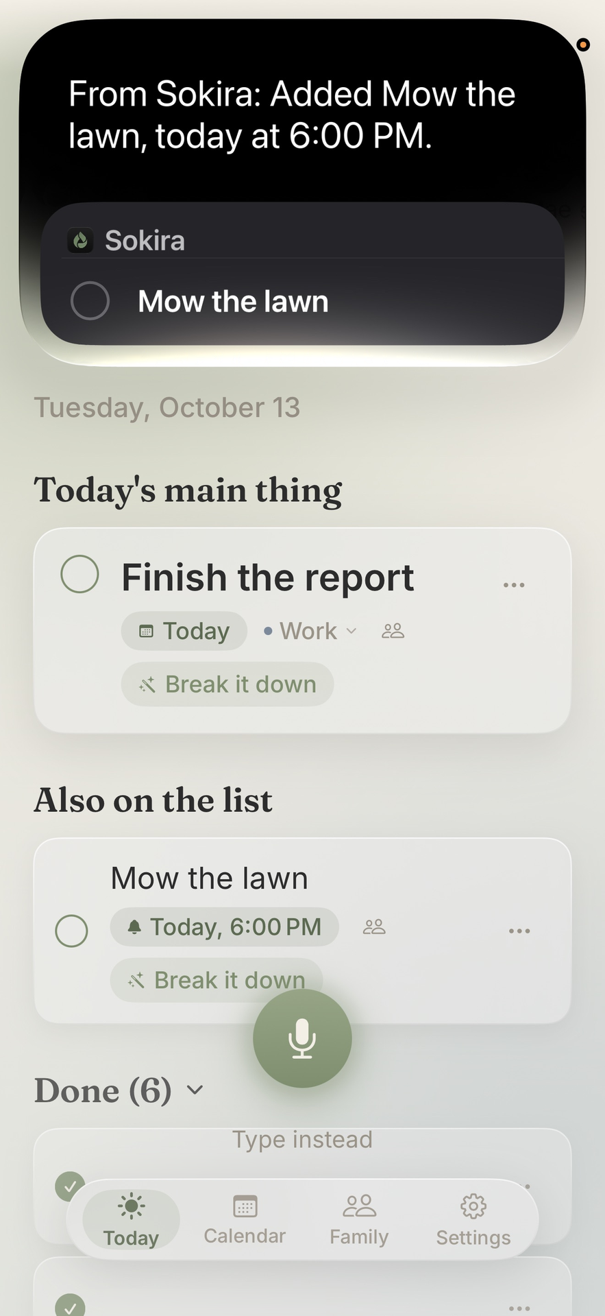 Siri adding Mow the lawn to Sokira for 6:00 PM, shown over the Today screen.