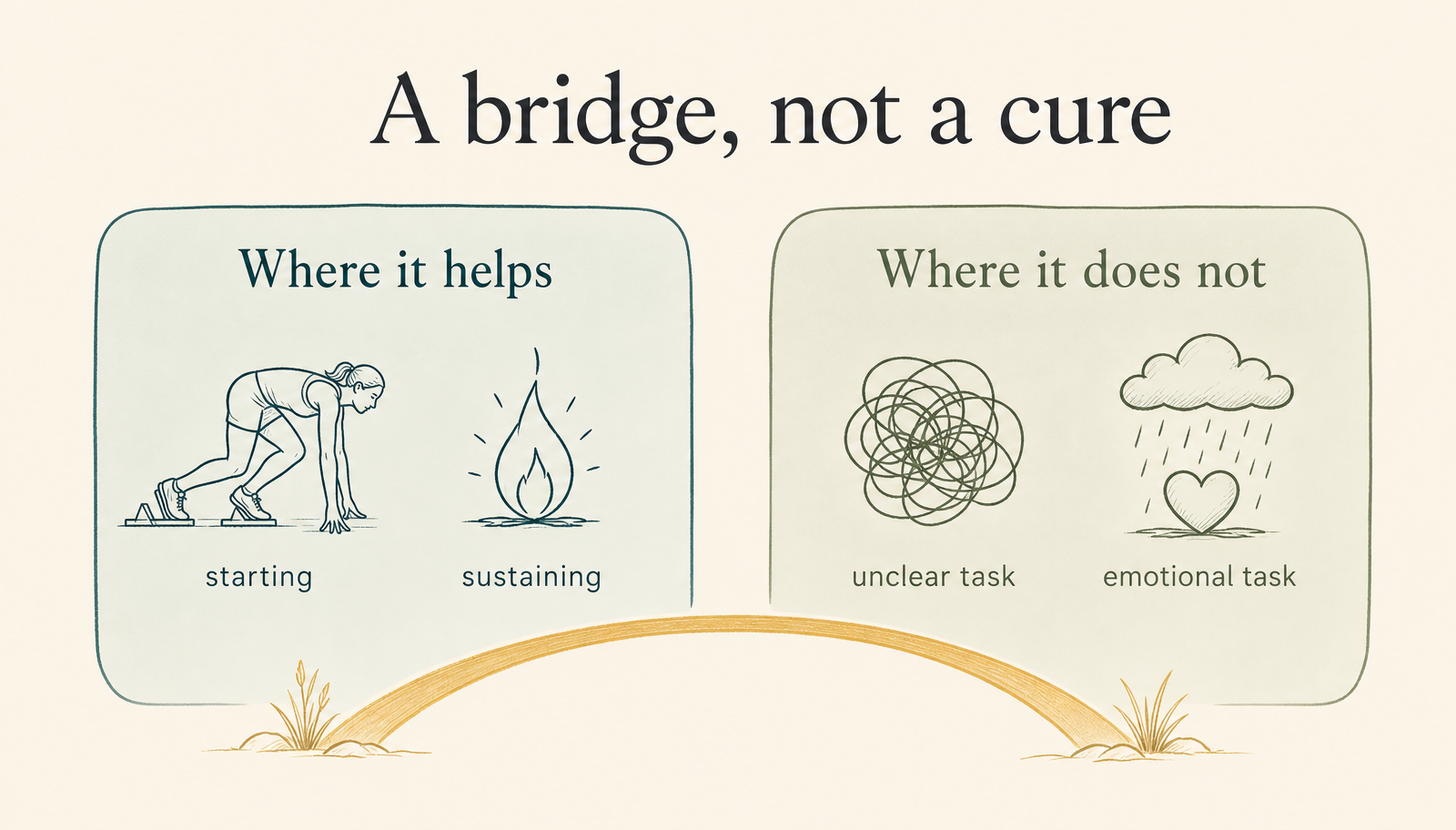 Sunrise-palette editorial panel titled a bridge not a cure. On the left a Where it helps card shows small icons of a runner at a starting block labelled starting and a steady flame labelled sustaining. On the right a Where it does not card shows a tangled knot labelled unclear task and a small rain cloud over a heart labelled emotional task. A slim sunrise-gold arc runs along the bottom, evoking a bridge between the two panels.