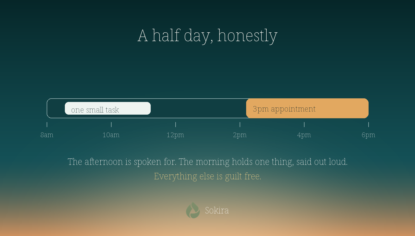 Sunrise palette panel showing a day outline with the afternoon marked as a 3pm appointment and one small task parked in the morning