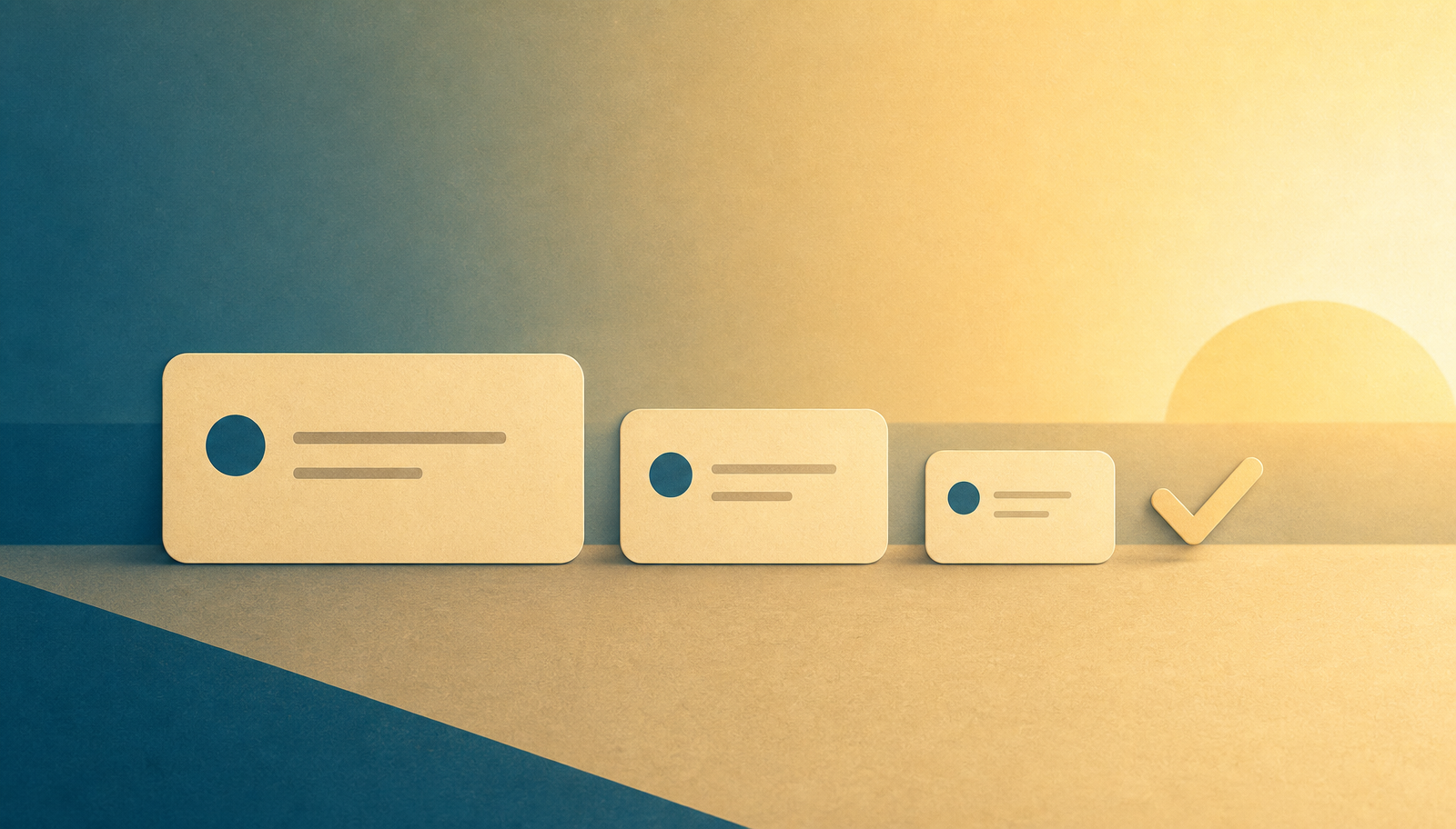 Sunrise palette panel showing a task card getting smaller across three sizes and ending in a simple soft checkmark