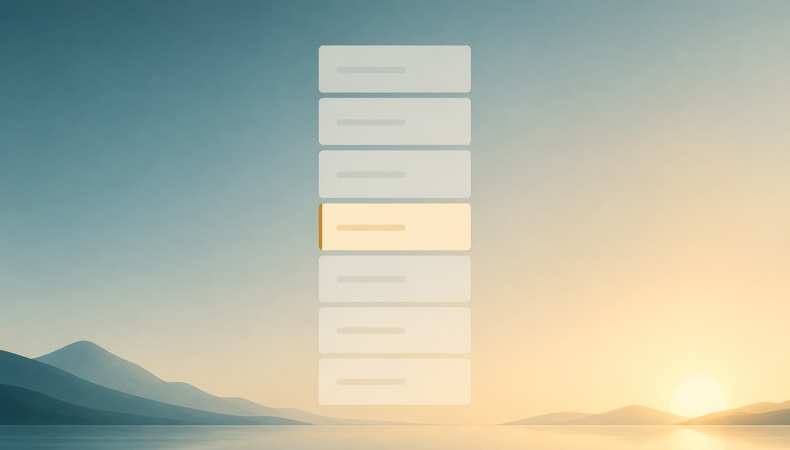 Sunrise palette panel showing a day outlined as a column of soft empty blocks with one block gently highlighted in warm light as the day's single anchor block