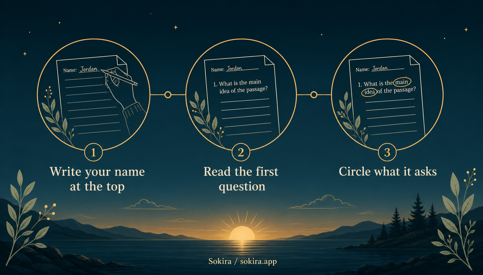 Warm sunrise infographic showing three calm step panels: write your name at the top, read the first question, then circle what it asks