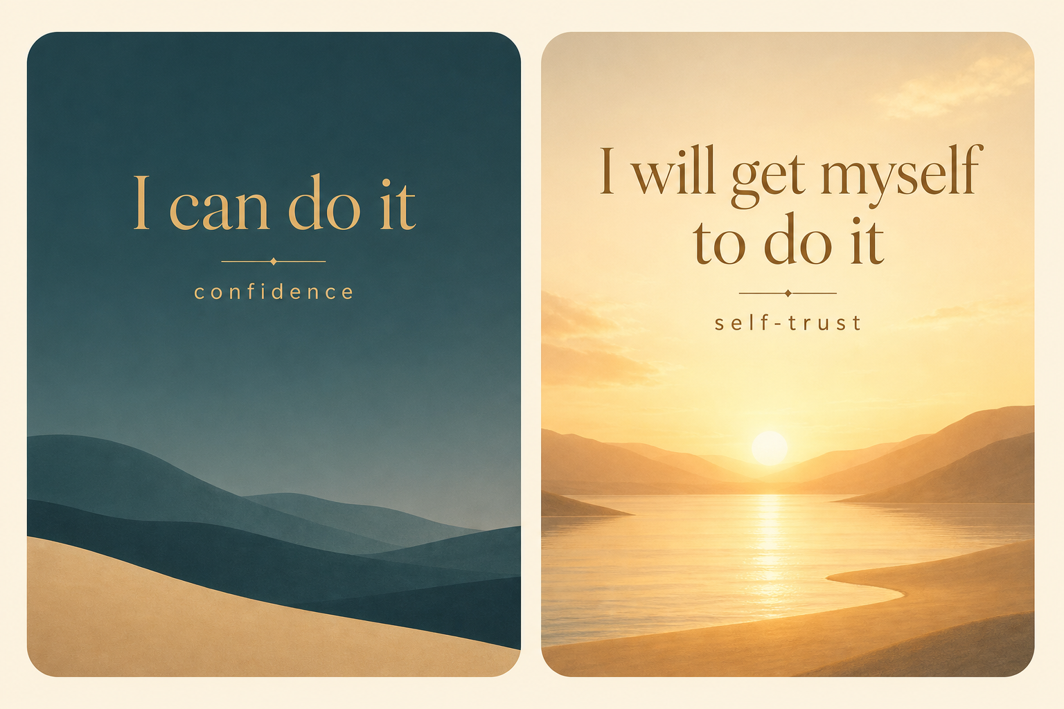 Sunrise palette panel with two columns: I can do it over the word confidence, and I will get myself to do it over the word self-trust, with the second column warmly lit