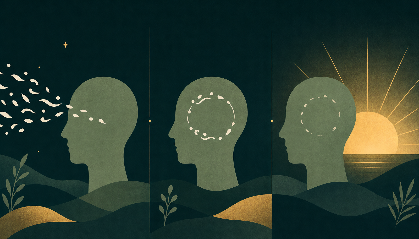 Sunrise palette panel with three calm phases: words arriving from outside toward a figure, the same words repeating in a loop inside the figure, and the loop quieting as a gold sunrise rises
