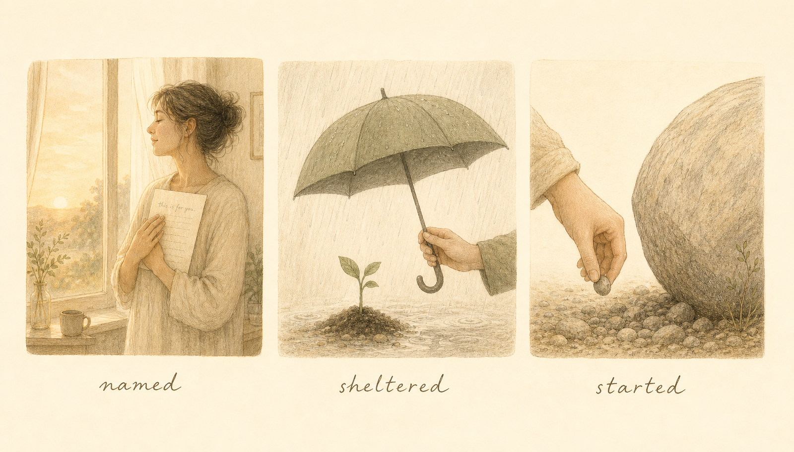 A warm cream illustration with three panels labelled named, sheltered and started: a woman by a window holding a page to her chest, an umbrella held over a seedling in light rain, and a hand lifting a small pebble from beside a large boulder.