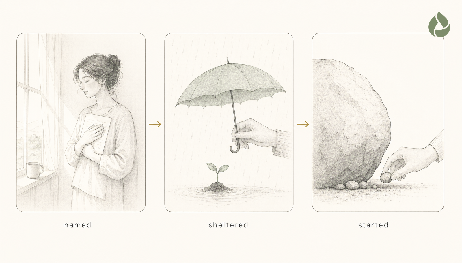 Three line-art panels on a cream card. Named: a woman at a window holding a written page. Sheltered: a hand holding an umbrella over a seedling in the rain. Started: a hand placing a small pebble at the base of a large boulder.