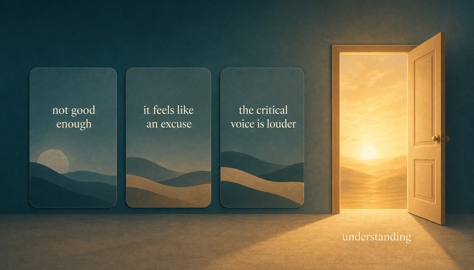 Sunrise palette panel with three calm cards reading not good enough, it feels like an excuse, and the critical voice is louder, beside one warmly lit open door labelled understanding
